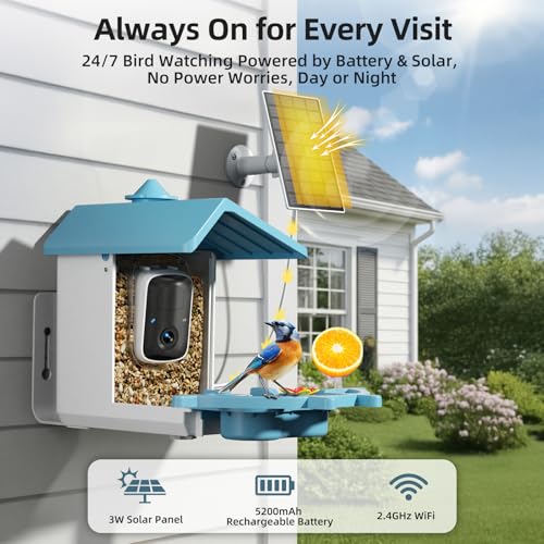 Bird Feeder with Camera for Outdoor, INKCKU 2K Solar Powered Bird Watching Camera, AI Identify Birds Species, Auto Capture Videos, Instant Arrival Alerts, Garden Decor, Gift for Mom Dad, Blue