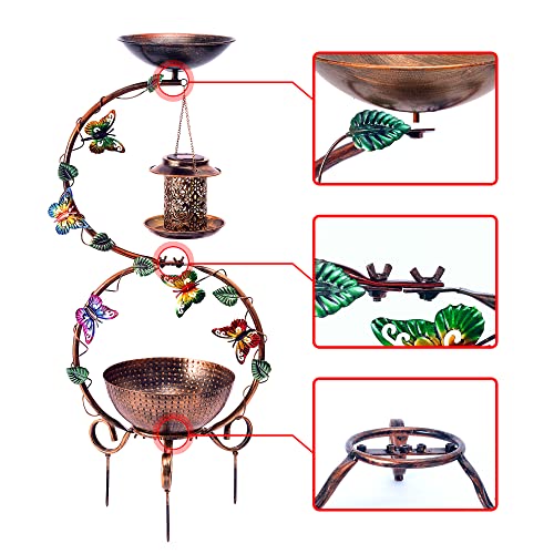 YADOOLIFE 37.8" Bird Bath and Solar Bird Feeders Combo with Flower Planter Pedestal, Metal Bird Baths for Outdoors, Decorative Birdbath with Butterfly for Outside Garden Yard, Weather Resistant