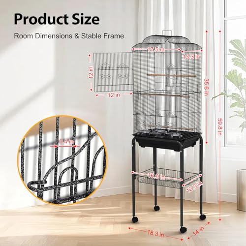 60" Large Bird Cage, Heavy-Duty Metal Flight Cage with Rolling Stand, Play Top, Removable Tray & Food Bowls, Easy Clean Non-Toxic Coating Birdcage for Parakeets, Cockatiels, Conures, Parrots - size: 60.24 Inches