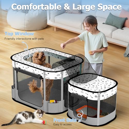 Portable Cat Playpen, Foldable Pet Dog Playpen, for Kitten Puppy Play Pen Indoor/Outdoor, Cats Enclosure Cages Tent with Carrying Case, 600D Oxford 8-Rods, 32"x24"x22", Grey - color: Grey