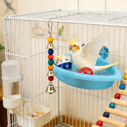 Cage Bird Bath with Mirror Bells Fun Play Bathing Toy for Parrots Budgies Small Birds