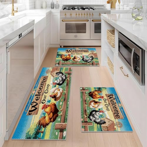 Farmhouse Kitchen Rugs Set of 3, Non Slip Washable Durable Stain Resistant Floor Mat Set,Welcome to Our Coop Pattern Warm Home Decoration,Rooster Welcome Kitchen Runner Rug 16"X24"+20"X32"+20"X47" - color: Multicolour-welcome to Our Coop