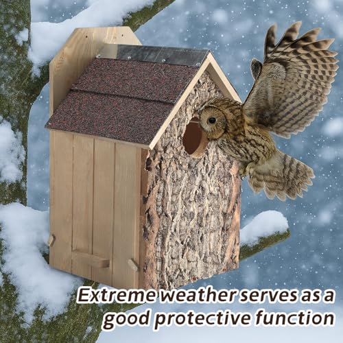 Weysat 1 Pack Screech Owl House for Outdoor Owl Nesting Box for Outside 12 x 12 x 19 Inch Cedar Wood Weather Resist Hang Handcraft Bark Shelter for Owls Bird Wildlife Lovers Garden Decor Easy Assembly