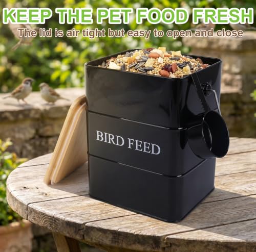 Metal Bird Seeds storage container,Outdoor Bird Container Canister, Pet Food Bin with Wooden Lid/Handle/Food scoop,hold 5-6 Lbs of Wild Bird Seed Sunflower Seed-Preventing Squirrels-Black - color: Black