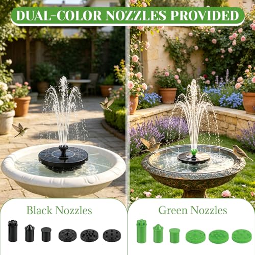 Yeomi 1.5W Floating Solar Fountain Pump with 12 Nozzles in 2 Colors | Solar Bird Bath Fountain Solar Water Fountain for Small Pond Patio Outdoor Landscape Decoration - Black + Green Nozzles - color: 1.5w Solar Fountain + Black&green Nozzles