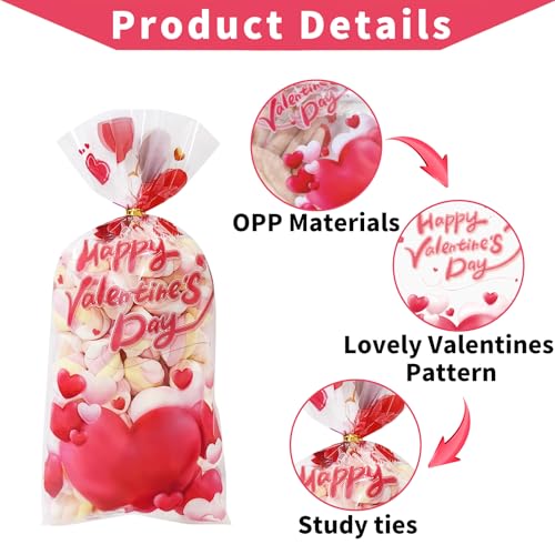 Valentines Goodie Bags, 120Pcs Valentines Treat Bags for Candy Goody Snacks Gifts Packing, Valentines Day Cellophane Bags With 135Pcs Twist Ties for Kids Classroom Party Favors - 4 Lovely Style - color: Valentines-120pcs
