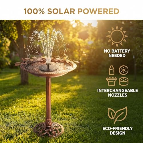 Metal Bird Bath with Solar Fountain Pump & LED Lights, 34" Tall Iron Birdbath for Outdoors, Heavy Duty Cast Iron Pedestal Bird Bath for Garden Yard Patio Lawn Deck, Bronze Finish