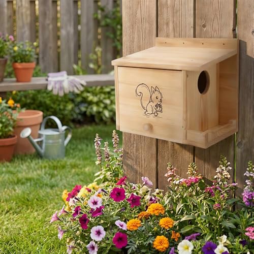 Extra Large Squirrel Houses for Outside 15.7" Outdoor Nest Box with Feeder | Carbonized pine wood, anti-predator design, Mounts on tree or fence. 2-in-1 shelter and feeder for backyard wildlife - size: L
