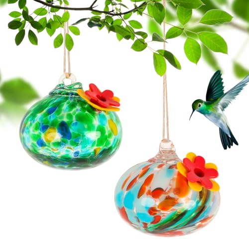 2 Pcs Blown Glass Hummingbird Feeder for Outdoors Hanging | Ant & Bee Resistant Window Bird FeederHandmade Garden Decor Gift for Women - Small Round Green Red Glass Feeders Bundle - color: Ellipse A2
