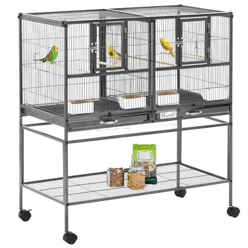PawHut Divided Breeder Bird Cage with Rolling Stand Removable Metal Tray | Storage Shelf, Wood Perch, Food Container