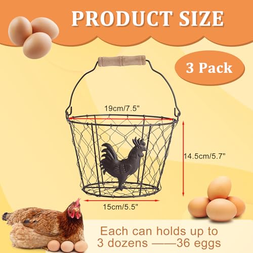3 PCS 8'' Farmhouse Egg Collecting Basket with Handle, Chicken Egg Bakset | Rustic Metal Wire Chicken Eggs Holder for Countertop Kitchen, Wire Egg Basket, Vintage Style, Round, Rooster Pattern - size: 3 PACK
