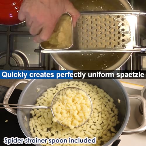 Premium Grade Stainless Steel Spaetzle Maker with Comfort Grip Handle, Stainless Steel Spider Strainer Skimmer Spoon with Cleaning Brush, Homemade German Egg Noodle Dumpling Making Tool Set