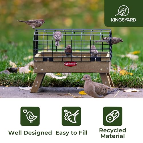 Kingsyard Squirrel Proof Caged Platform Bird Feeder for Small Birds | Recycled Poly Lumber, Protective Metal Cage, Raised Platform, Drainage Mesh Tray, Foldable Legs for Outdoor Bird Feeding - color: Brown