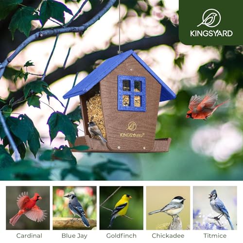 ingsyard 4 lbs Large Bird Feeder House for Outdoors Hanging | Recycled Poly Lumber, Weatherproof Roof, Hopper Bird Feeders for Cardinal Bluebird, Garden Yard Outside Decor, Blue - color: Blue
