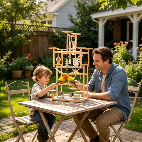 VELVETPAW Bird Playground – 7-Level Natural Wood Parrot Playstand with Feeders & Toys, Modular Two-Tier Bird Play Gym, Detachable Top Tabletop Stand & Detachable Top Tabletop Stand