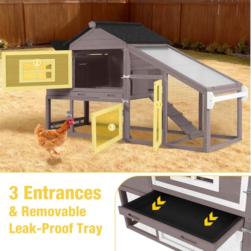 Aivituvin Mobile Chicken Coop with Wheels for 2-4 Chickens, Backyard Expandable Chicken House Duck Cage with Run, 2 Nesting Boxes, Easy Clean Pull-Out Tray, Leak-Resistant Asphalt Roof, 72.3"(Brown) - color: Brown, size: 72.3"L x 26.0"W x 39.4"H