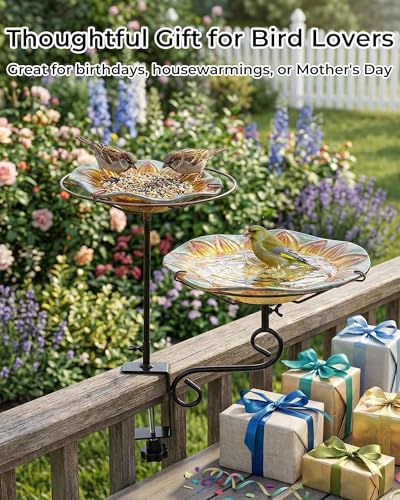 Glass Deck Mounted Bird Bath with Feeder for Balcony Yellow | Adjustable Clamp Fits Various Railings, 11" Bowl for Bird Lovers on Patios & Small Outdoor Spaces, Easy Setup, Great Gift