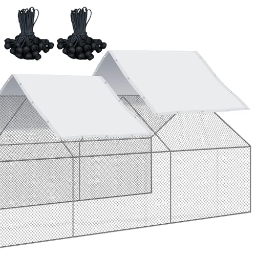 VitalCozy 2 Pcs Chicken Coop Cover Waterproof 14.5 x 6.6 ft Chicken Run Cover Coop Tarp Accessories for Winter with 50 Pcs Ball Bungees Cords for Outdoor (White) - color: White, size: 14.5 x 6.6 ft