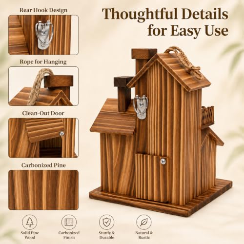 Wooden Bird Houses for Outside, 3 Compartments Villa Hanging Birdhouse, Carbonized Pine Nesting Box for Bluebird Wren Finch Backyard Garden Decor