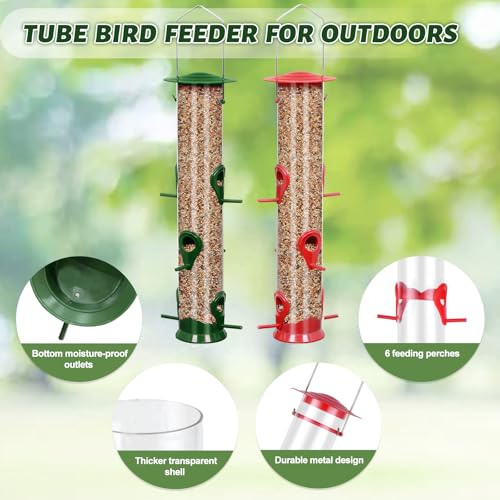 2 Packs Bird Feeder Tube Hanging Feeders, 6 Port Wild Bird Feeders Premium Hard Plastic with Steel Hanger Weatherproof and Water Resistant Great for Attracting Birds 18.2 Inches Large (Red + Green) - color: 2Packs-red&green