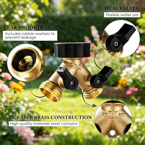 Brass Hose Splitter 2 Way, Heavy Duty Garden Hose Splitter with Shut Off Valves, Y Connector Hose Adapter, No Leak, Includes Washers & Teflon Tape – Dalmbox