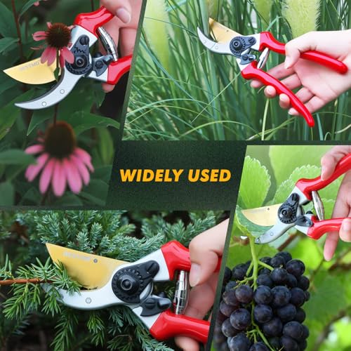 RESTMO Pruning Shears, 8.6 Inch, Titanium Blade, Bypass, Red | Professional garden shears. Premium SKS5 steel blade. Forged aluminum handles. Long-lasting sharpness. For gardening. - size: Garden Pruning Shears（Red）