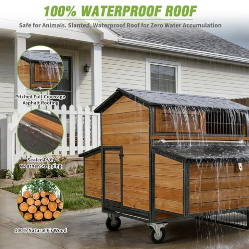 Extra Large Mobile Chicken Coop with Run, Portable Chicken Tractor with Wheels, 76.7" L Hen House Poultry Cage with All-Around Iron Frame, Metal Sliding Tray, 6 Nesting Boxes for 6-8 Chickens - size: 76.6"L x 53.8"W x 36.8"H, Fits 6-8 Chickens