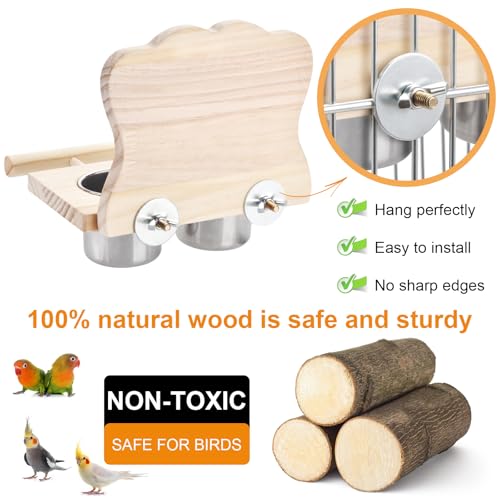 Bird Perch Platform Toy with Mirror, Standing Rack & Stainless Steel Bowl - Wooden Play & Exercise Gym Stand, Cage Accessory for Cockatoos, Lovebirds, Budgies, Pacific Parrotlets & Canaries