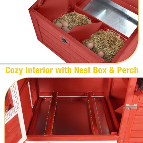 Aivituvin 83in Chicken Coop Mobile Hen House Outdoor Wooden Poultry Cage with Wheels Nesting Box Run for 4-6 Chickens Red - color: Red, size: 83.3"L x 26.0"W x 42.0"H