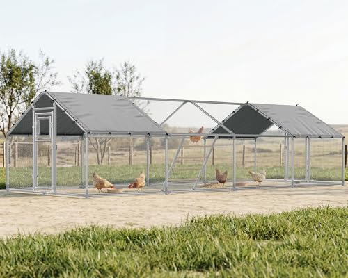 26x10 FT Extra Large Walk-in Chicken Coop with Spire Roof Cover | Front and rear doors, feeding door, roosting ladder and galvanized frame support easier poultry care and access - size: 298.4"L x 118.1"W x 77.6"H