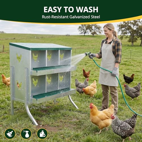 6-Compartment Roll Away Chicken Nesting Box with Legs,Lid & Perch | Pre-installed nuts, Fast assembly, galvanized steel, rounded edges, sunshade cloth + vents, wall mount or floor use