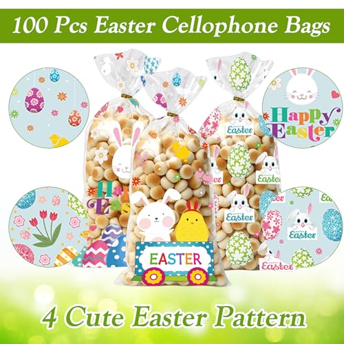 GOMANCHE Easter Cellophane Candy Bags, 100 Pieces Easter Treat Bags with Gold Twist Ties, Easter Cello Goodie Cooikes Gift Bags for Easter Party Favor Supplies