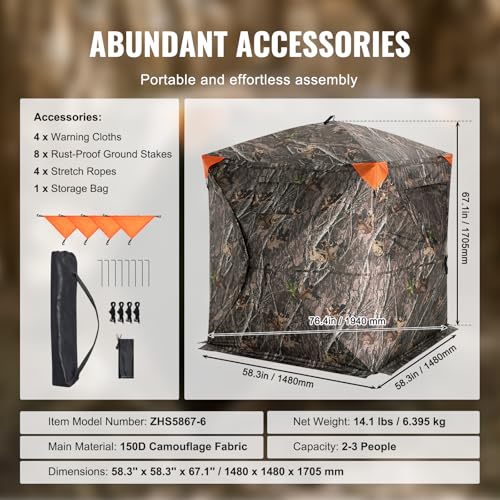 VEVOR Hunting Blind，See Through Ground Blinds with Carrying Bag, 360 Degree Portable Camouflage Tent，Durable Concealed Shelter with Silent Side Door and Window, for Turkey and Deer - size: 2-3 Person