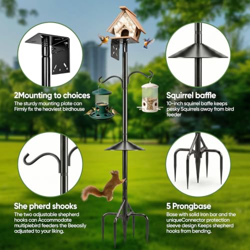 Bird Feeder Pole & Birdhouse Pole with Squirrel Baffle - 76 Inch Heavy Duty 1-Inch Diameter Metal Mounting Kit for Smart Bird Feeders, Patio & Garden Bird House not Included(with Two Hooks) - size: 76in With two hooks