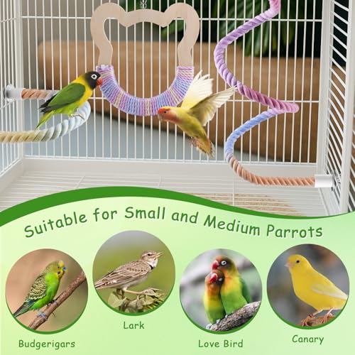 3 Pcs Gradient Bird Perching Rope Set, Bendable Bird Perching Rope for Parrot Cage, Gradient Wooden Birds Swing, Standing Climbing Toys for Parrots, Lovebirds, Budgies and Larks - size: 1 Short + 1 Long + Swing
