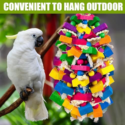 Large Parrot Chew Toys, Colorful Natural Wood Hanging Shredding Toy, Heavy Duty Beak Grinding Enrichment Toy for Macaw, Cockatoo, African Grey Large Bird Cage Accessories