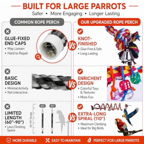 110" Ultra Long Bird Rope Perch Toys for Macaws. Heavy Duty Climbing Swing | For Cockatoos, African Greys, Amazons,Large Bird | Bell & Acrylic Enrichment Chewing Toys| 1''Thick Cotton Rope Spiral Play