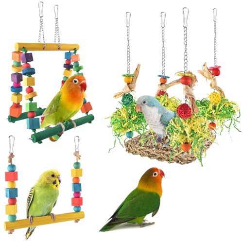 DBNESS Bird Hammock Toys Parakeet Perches Swing, 3in1 Detachable Parrot Cage Accessories, Wooden Hanging Chew Toys for Medium Conure Cockatiel Quaker Lory