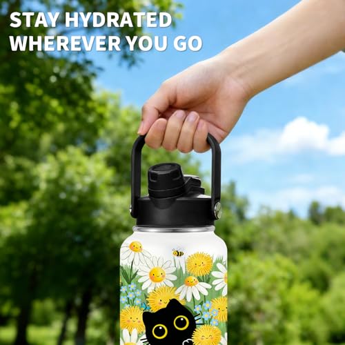 Black Cat Water Bottle 26oz with Handle Lid, Gift for Cat Lover Women | Flower Stainless Steel Insulated Tumbler with Handle & 2-in-1 Lid, Coffee Mug Insulated Travel Cup Birthday Gifts - color: BlackCat-Yellow