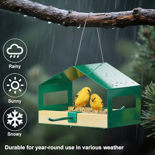 FANHAO Metal Bird Feeder for Outdoor Hanging, Wild Bird Feeder House with Rust-Resistant Mesh, Hanging Platform Bird House Feeder for Attracting Birds, Weatherproof, Easy to Clean & Refill