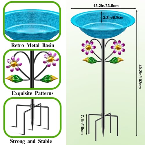Metal Bird Bath for Outside Garden Birdbath Bowl, Freestanding Bird Feeders for Outdoors with 5 Prongs Base Stake, Standing Birdfeeders Bath Bowl for Yard Decor(Retro Blue) - color: Retro Blue