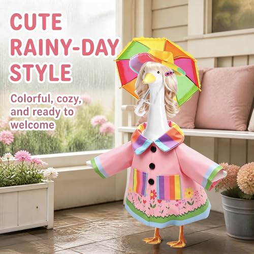 4 Pcs Porch Goose Raincoat with Wigs, Outfits and Clothes, Spring Summer Goose Statue Raincoat Costume, 23" Geese Statue Clothes for Patio Yard Lawn Outdoor Decor - color: Pink Garden Raincoat
