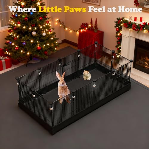 22 Panels Small Animal Playpen, Pet Playpen with Doors & Waterproof Mat | Metal Wire Yard Fence for Rabbits, Guinea Pigs, Hamsters, Chicken, Hedgehogs, Indoor Outdoor C&C Cage Black