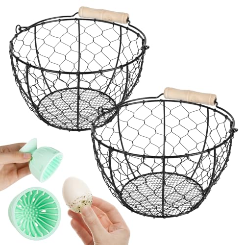 2 Pcs Egg Basket With Handle,Wire Egg Basket for Gathering Fresh Eggs, Round Egg Collecting Basket for Farm,Vintage Style Chicken and Duck Eggs Basket Egg Countertop Storage Container Holder ﻿ - color: Black