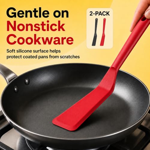 Pack of 2, Egg Spatula - Non-Stick, High Heat Resistant Kitchen Tools for Panckes, Eggs, Baking, Cooking, and Mixing - Red & Black - color: Red & Black