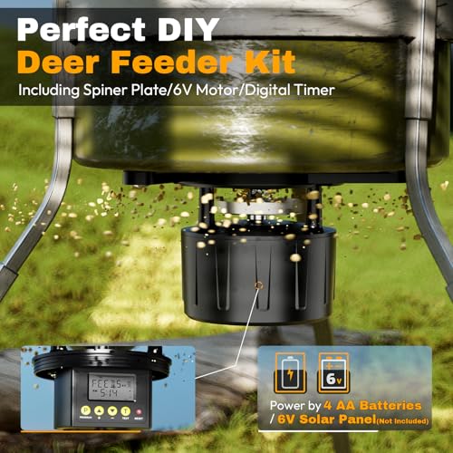 Deer Feeder Kit, 6V Feeder Kit, Feeder Motor & Timer Kit, Small-Size Game Feeder/Chicken Feeder, Sturdy Hunting Feeder Kit with Spinner/Digital Timer/Adjustable Arms/Batteries Slot/Solar Panel Port
