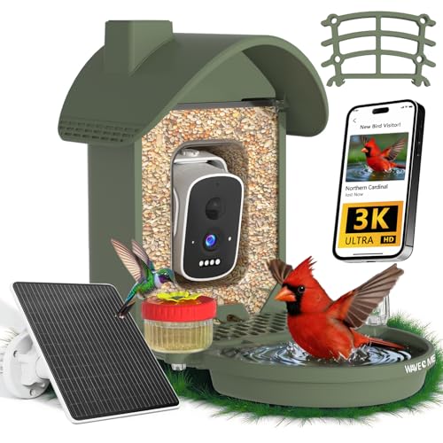Bird Feeder with Camera, 3K Smart Bird Camera with AI Identification & Bird Bath, Solar Powered Wireless Outdoor Bird House with Spill-Proof Net, Ideal Backyard Watching Gift to Bird Lovers - color: Navy Green