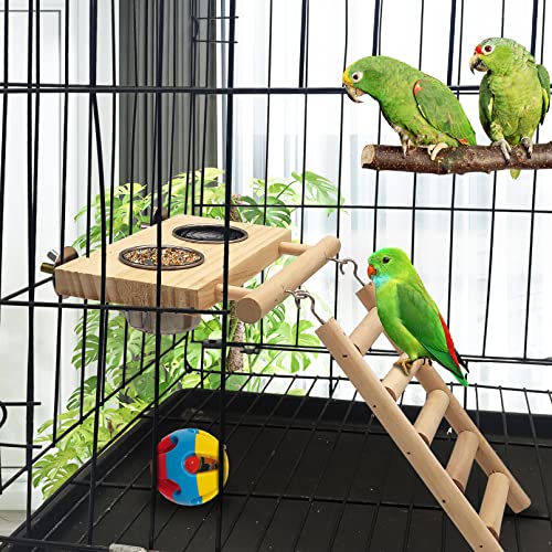 Tfwadmx Bird Food Stainless Steel Cups Wooden Perch Stand Hanging Feeder Bowls Feeding and Watering Supplies for Parakeets Conures Cockatiels Budgie Parrot - size: Style 1