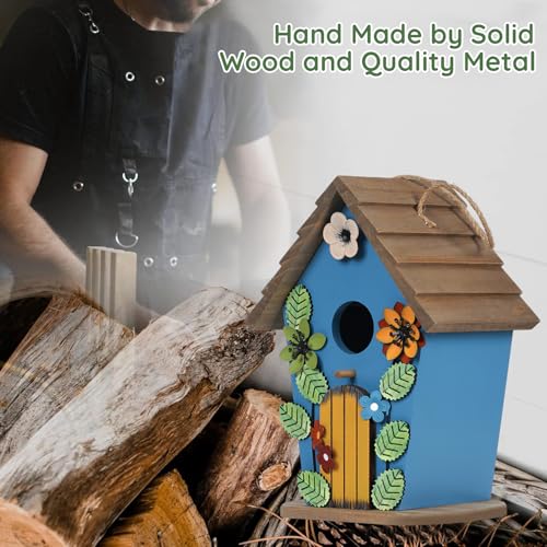 Wooden Bird Houses for Outside,Farmhouse Hanging Blue Birdhouse | Decorative Birdhouses for Outdoors,Bird Box Nest,Humming Bird House for Garden Patio Decor