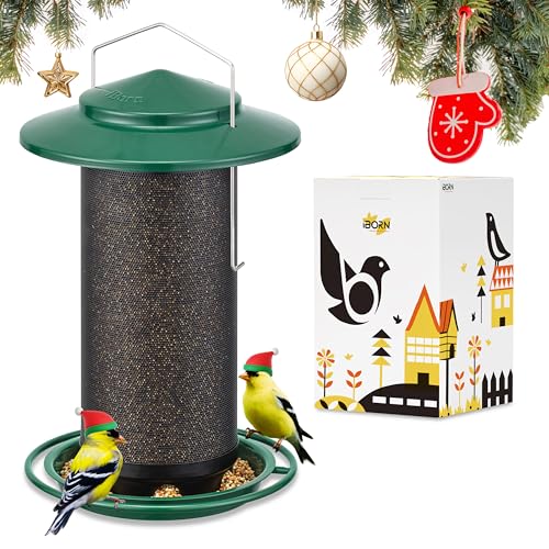 iBorn Bird Feeders for Outdoors, All Metal Mesh Tube, Holding Bird Seed for Outside Feeders,17.7cm Large Roof, Green, 2.8lb(Seed is not Included) - color: Green, size: 2.8LB，6.9′′Large Roof